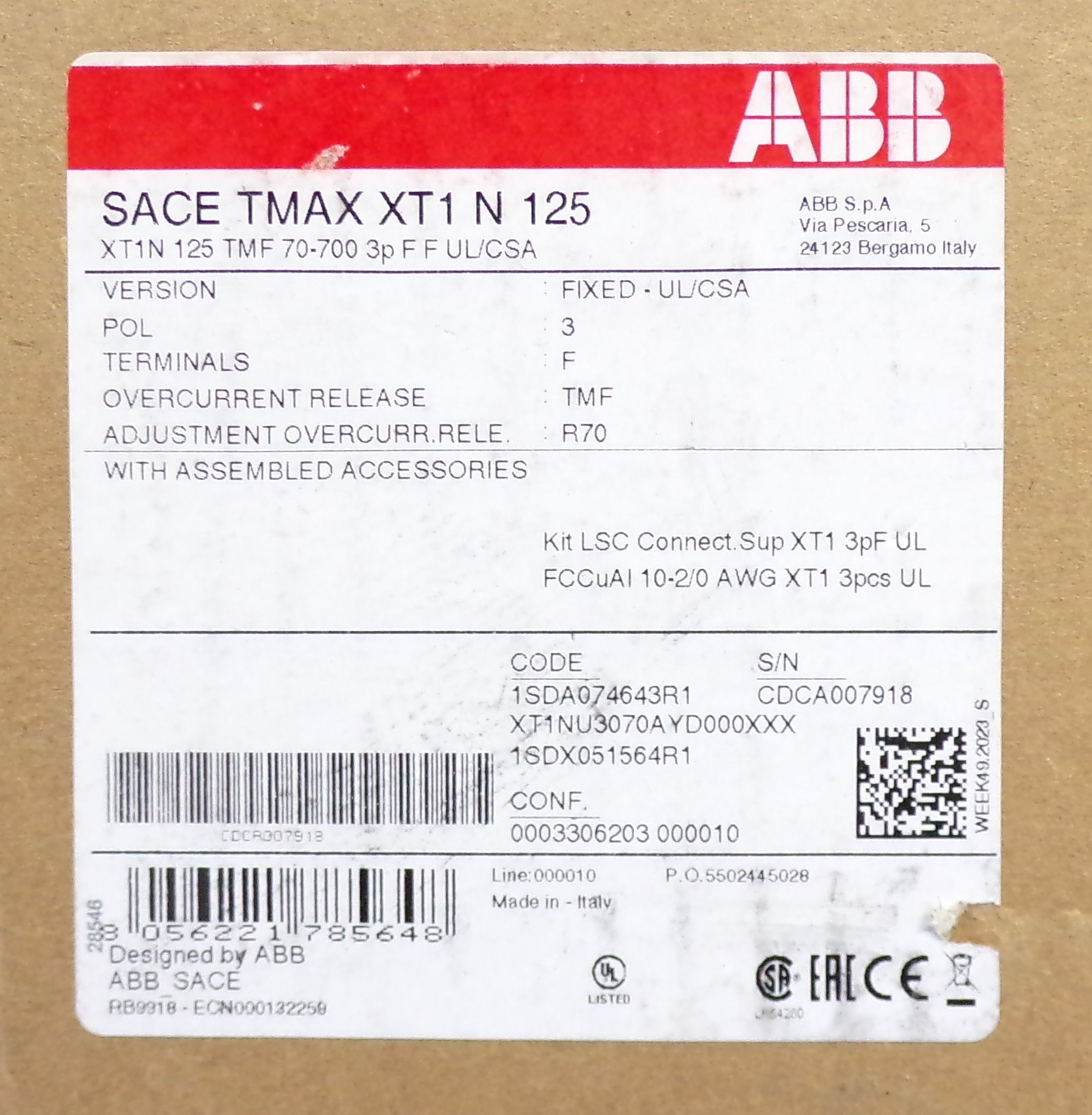 NIB ABB CIRCUIT BREAKER XT1NU3070AYD000XXX 1SDA074643R1 I-LINE 125A 3P 600V SACE