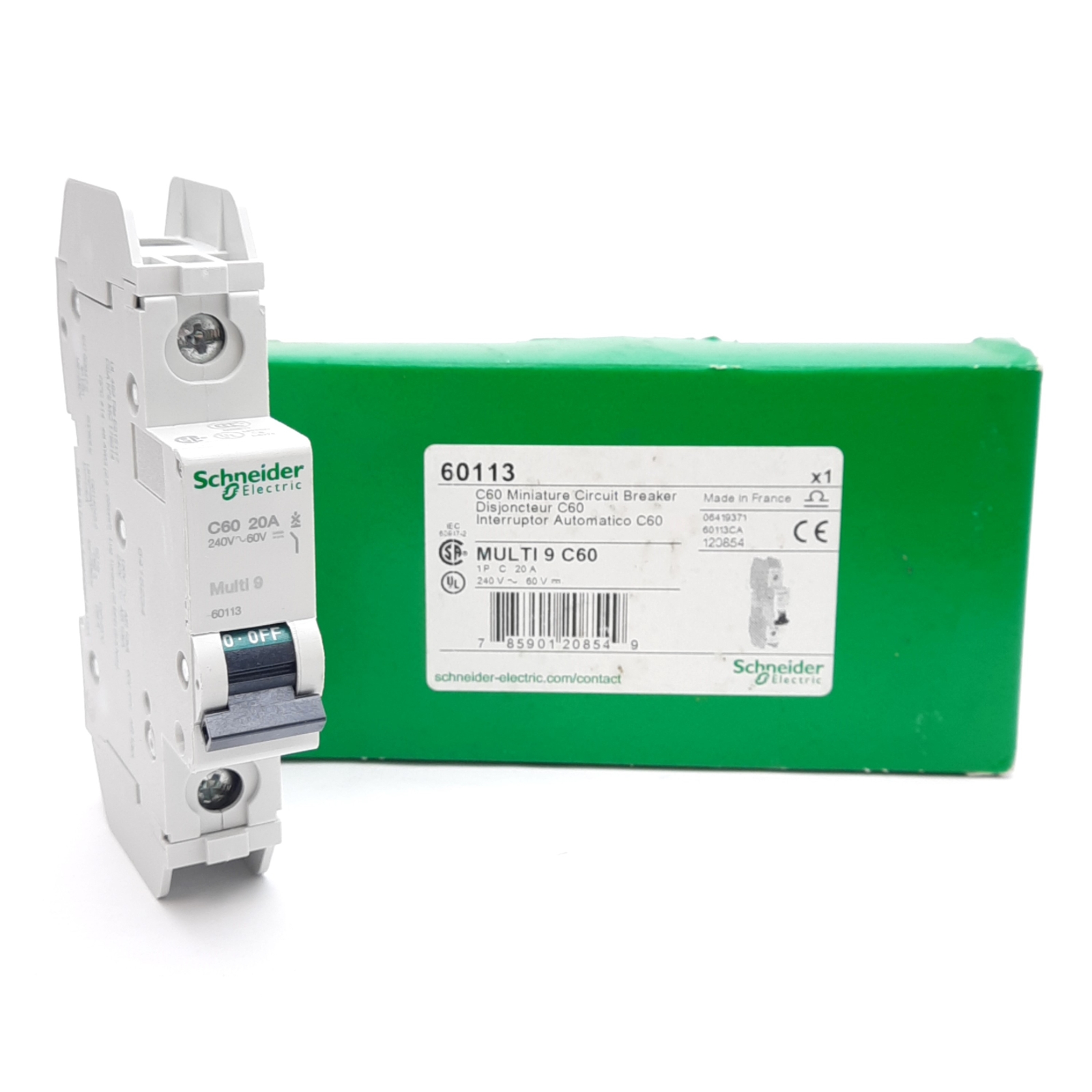 Schneider Electric 60113 Circuit Breaker, C-Curve, 20A 240VAC/60VDC, DIN Rail