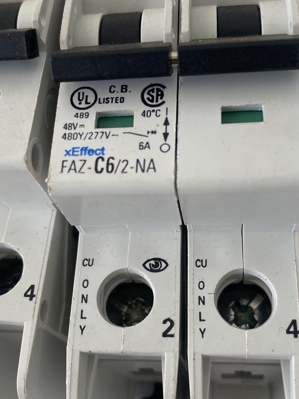Lot Of 2 EATON FAZ-C6/2-NA CIRCUIT BREAKER, 2 POLE, 6A, 480Y/277VAC