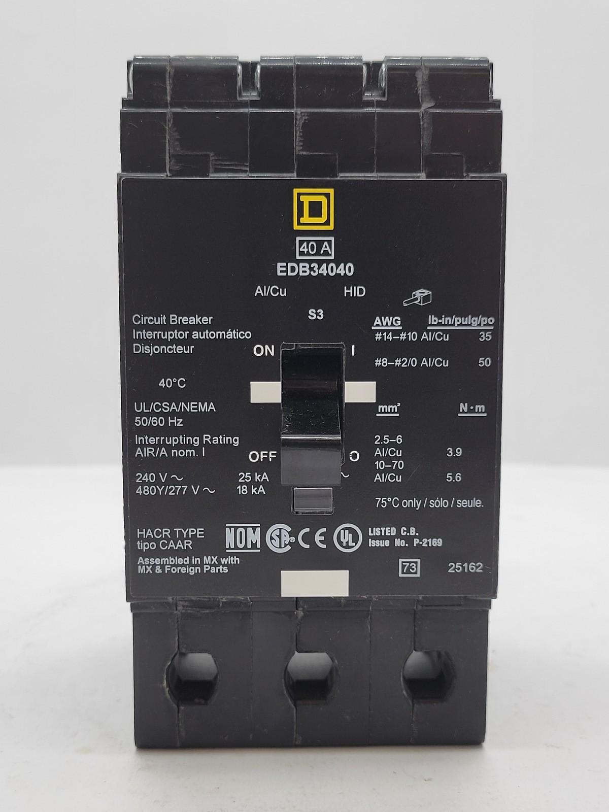 Square D EDB34040 Bolt-On Circuit Breaker 40A 3P 480Y/277V 18KA EDB