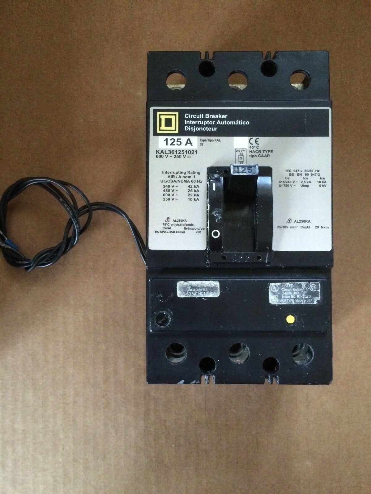 Square D KAL KAL361251021 3 Pole 125 Amp 600V SHUNT TRIP Circuit Breaker