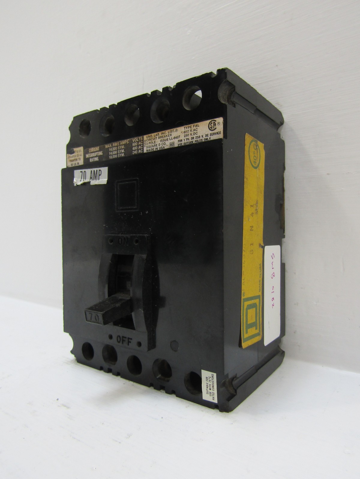 Square D FAL-36070 70 Amp 600V 3-Pole Circuit Breaker 70A 600 VAC Chipped
