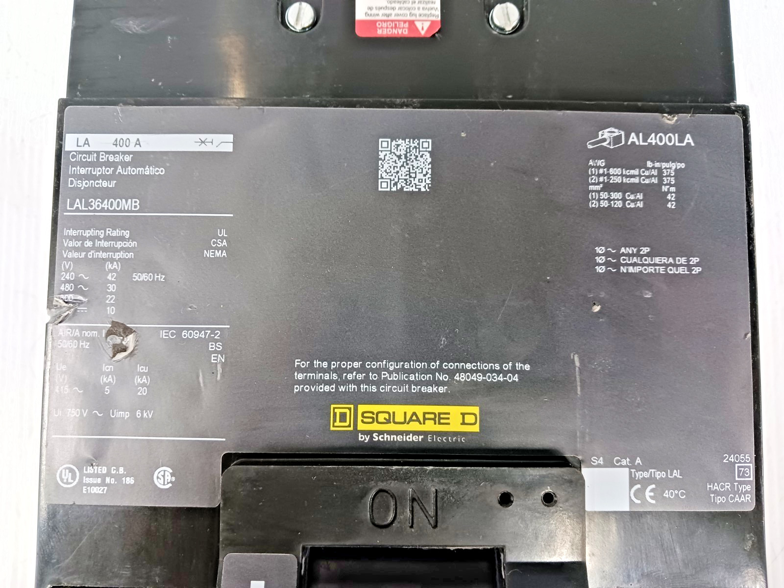 New Square D 400 Amp Circuit Breaker 3 Pole 600 VAC LAL36400MB (NTO)