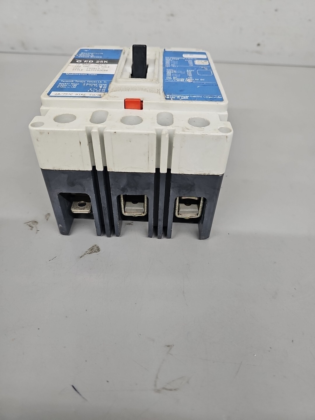 WESTINGHOUSE FD3015 15 AMP 600 VOLT 3 POLE BREAKER
