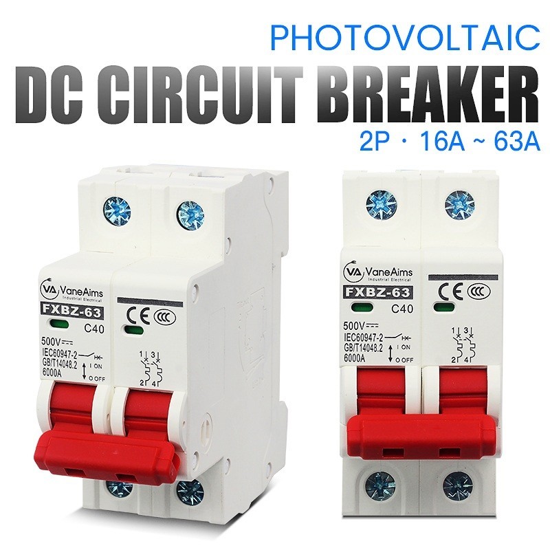 Circuit Breaker MCB DC 500V 2P Overload Protection Switch 6A-63A Panel Control