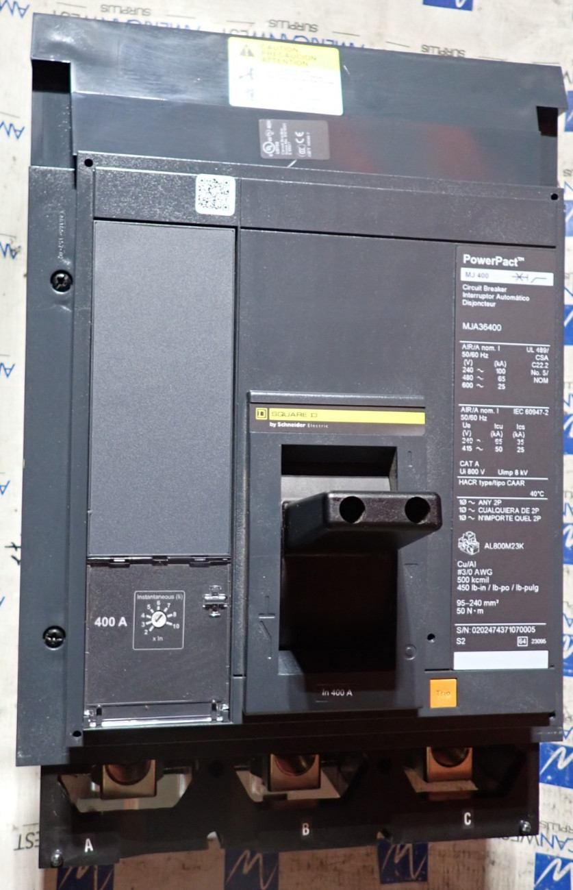 New Square D MJA36400 400 Amp65kA@480v 600 VAC 3 Pole PowerPact M I-Line Breaker
