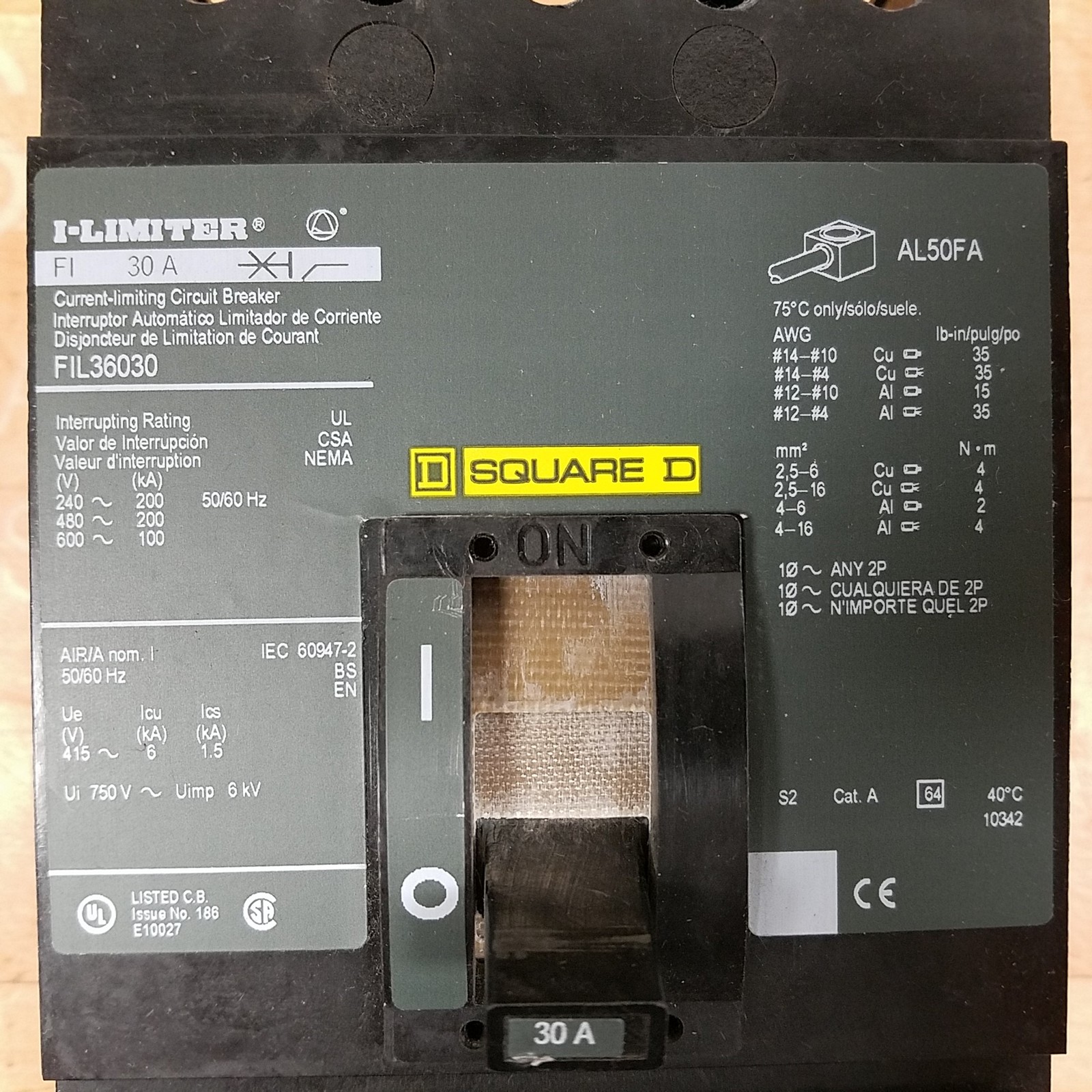Square D FIL36030 I-Limiter Circuit Breaker, 30Amp, 600V, 50/60Hz, 3 Pole – USED