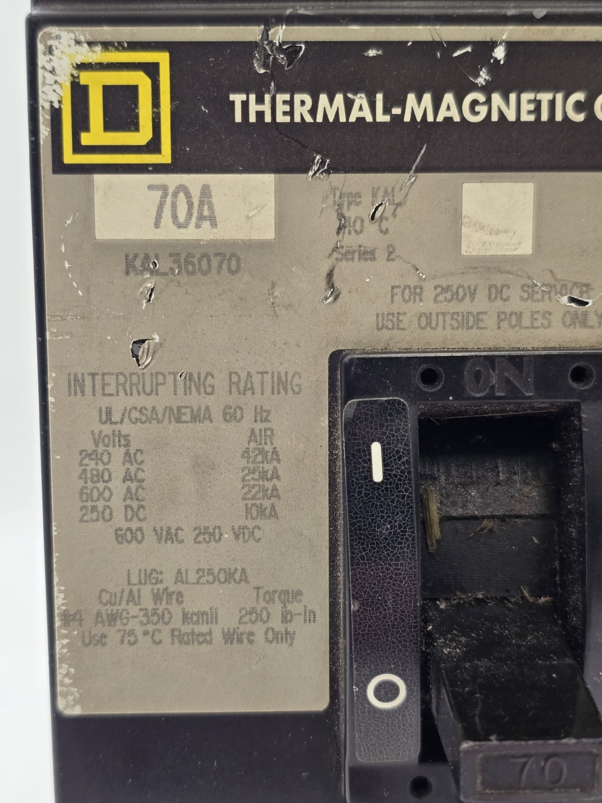 Square D KAL36070 Feed-Thru Circuit Breaker 70A 600VAC 3P 3PH Type KAL 70 Amp