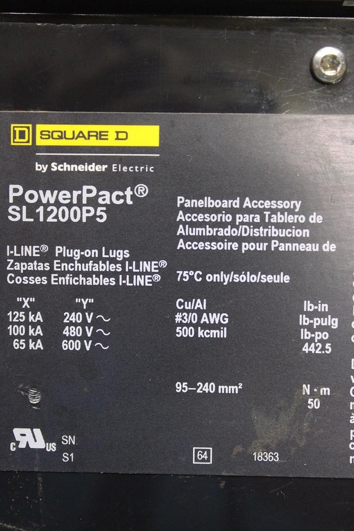 SQUARE D POWERPACT I-LINE PLUG-ON LUGS SUBFEED SL1200P5 600 VAC 1200 AMP 3-POLE