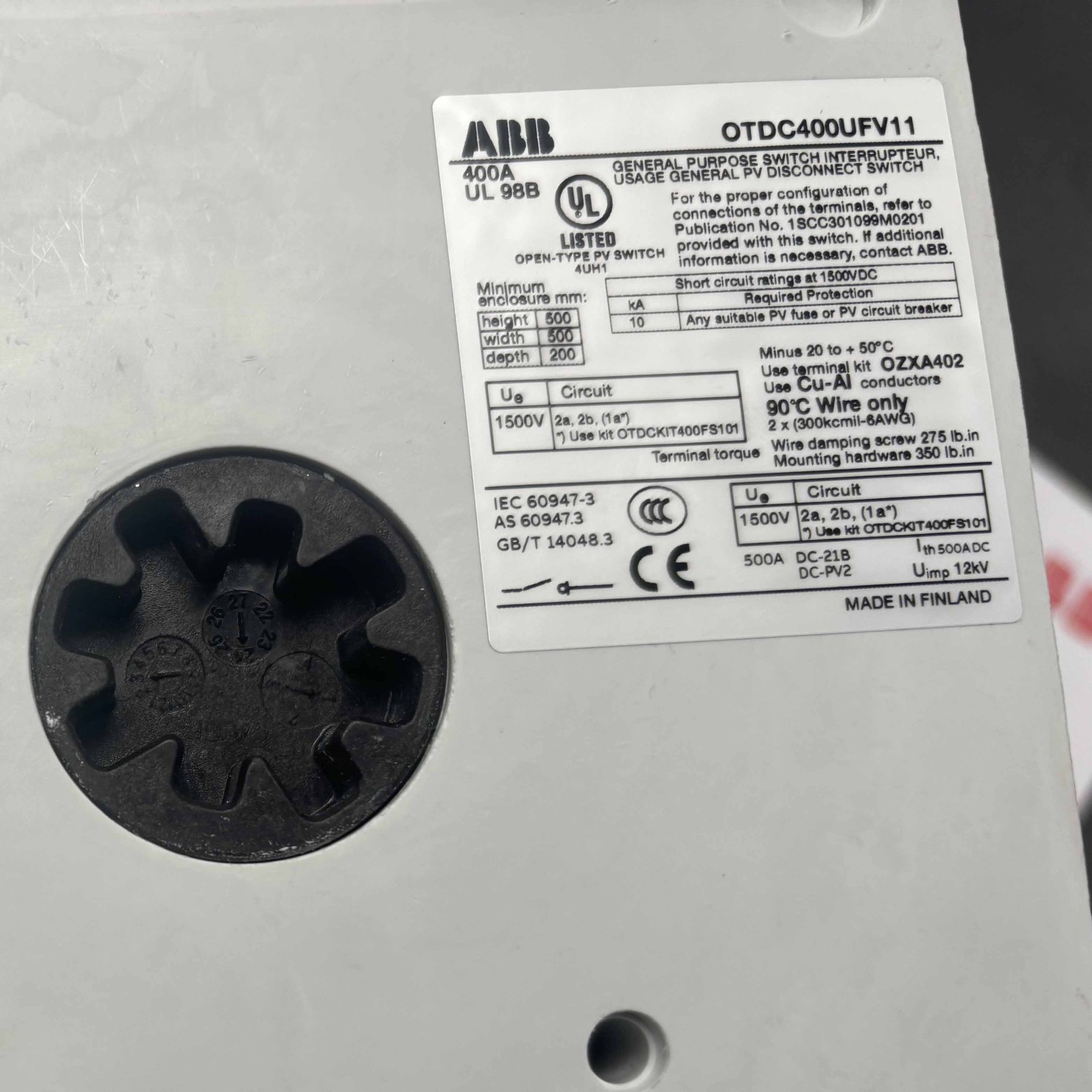 New Disconnect Switch OTDC400UFV11 for ABB 2-Pole, 400 A, 1500 V 1SCA158215R1001