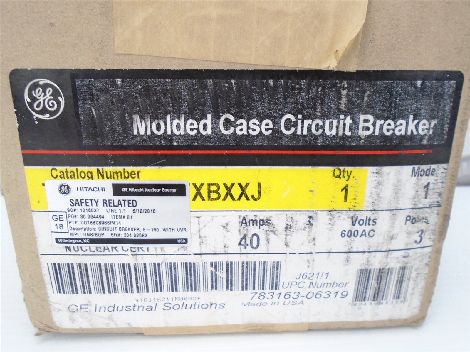 GE – TED136040WL – DD188C8966P414 – BREAKER – 40 AMP – FACTORY UV Release TEDUV4
