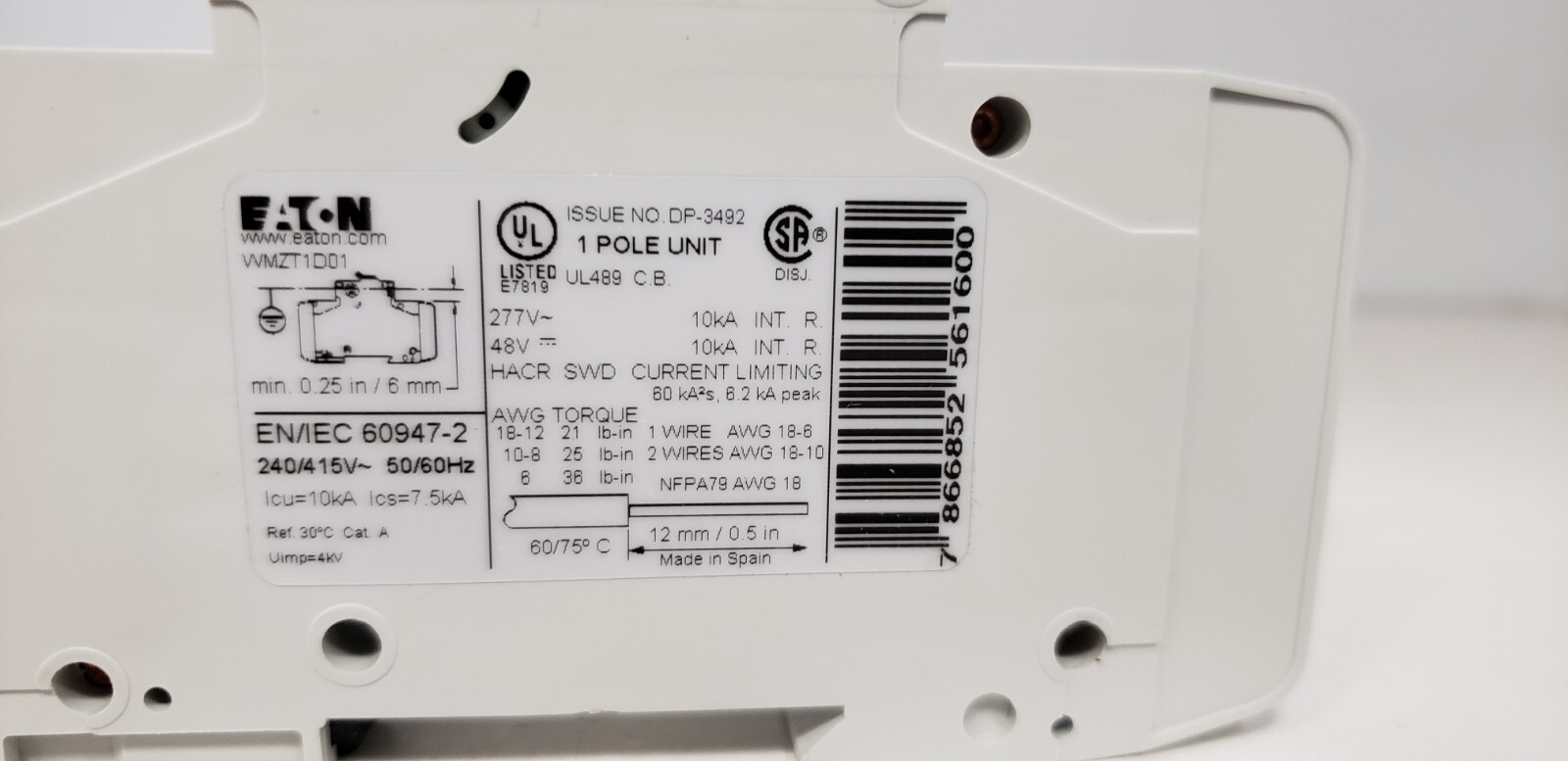EATON WMZT1D01 (FAZ-D1-1-NA-SP) CIRCUIT BREAKER, 1P, 1A, 277V, 10kA, TYPE D, NIB
