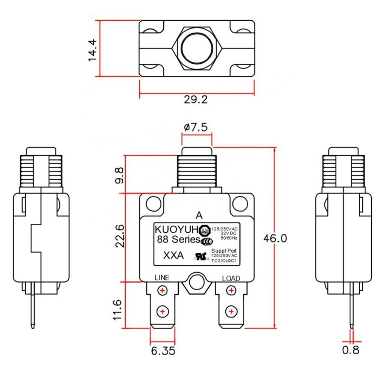 Genuine KUOYUH Thermal Circuit Breaker 6A 125/250VAC 32-50VDC (2 pack)