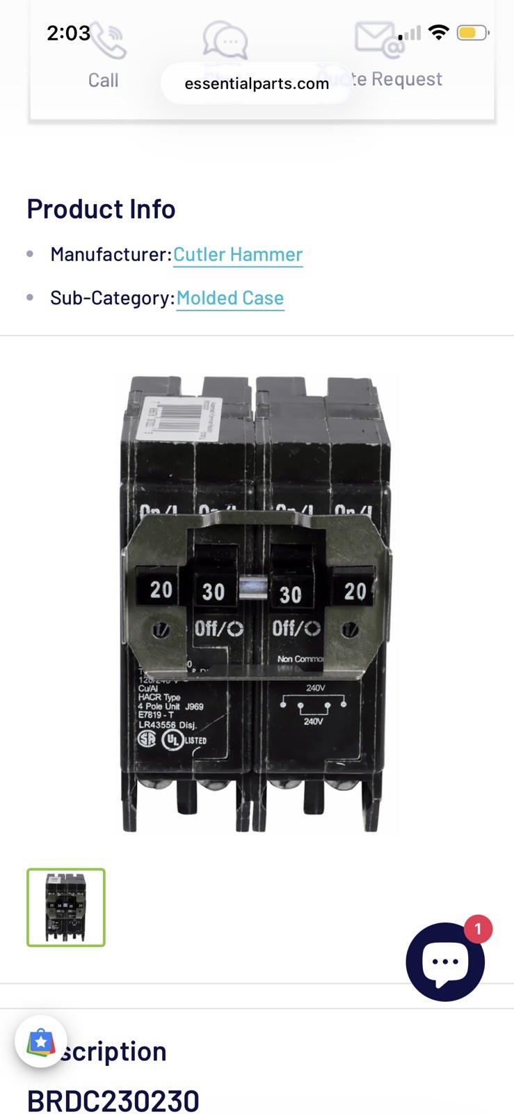 Eaton BRD230250 Quadplex 30/50A 4-Pole 120/240V Plug-In Circuit Breaker