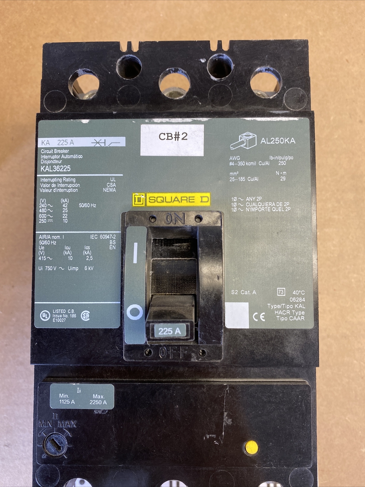 SQUARE D KAL36225 GREEN LABEL 3 POLE CIRCUIT BREAKER 225A 600V refurbished