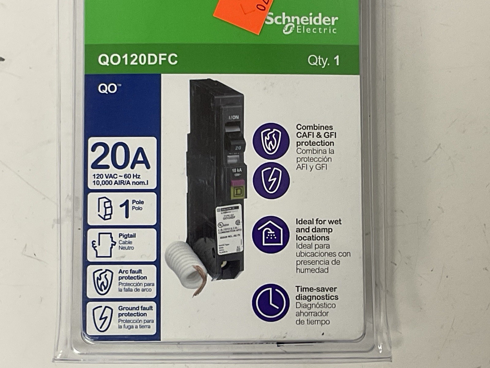 Schneider Square D QO120DFC 20 Amp Single-Pole Dual Function Circuit Breaker