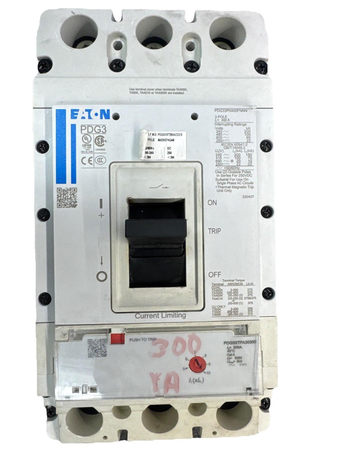 EATON Circuit Breaker PDG3XST250ACDCS PDG3 300A 200KA 400A Frame 3 Pole Phase
