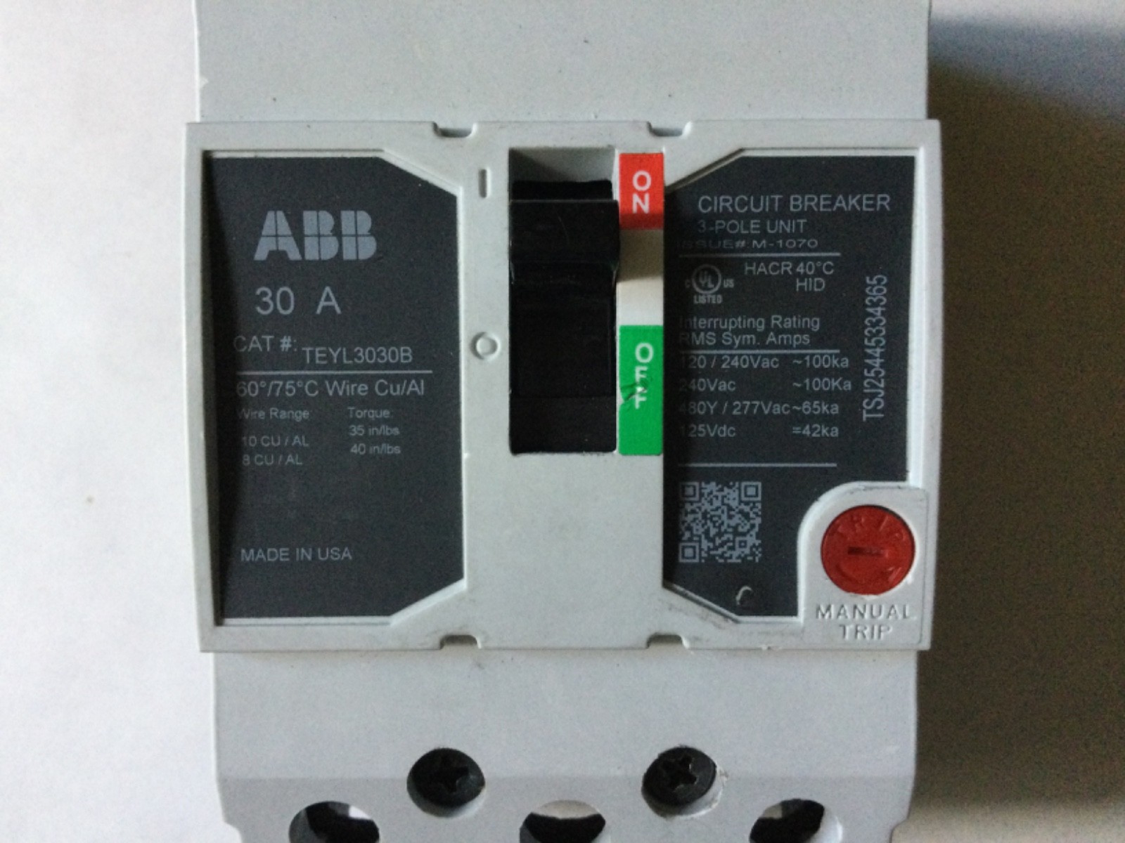 GE TEYL3030B 30 Amp 3 Pole 480V Circuit Breaker 30A 3P Bolt-on 65kA