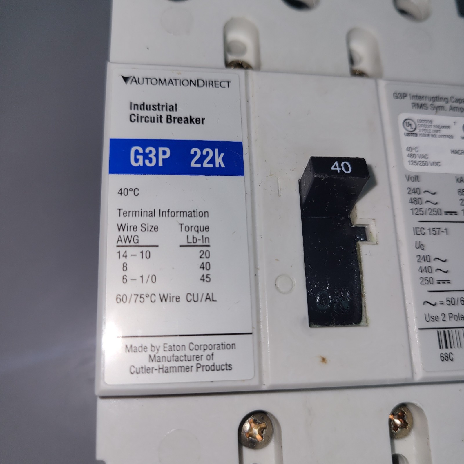 Automation Direct Circuit Breaker G3P-040 3 Pole 40A 480VAC (B610)