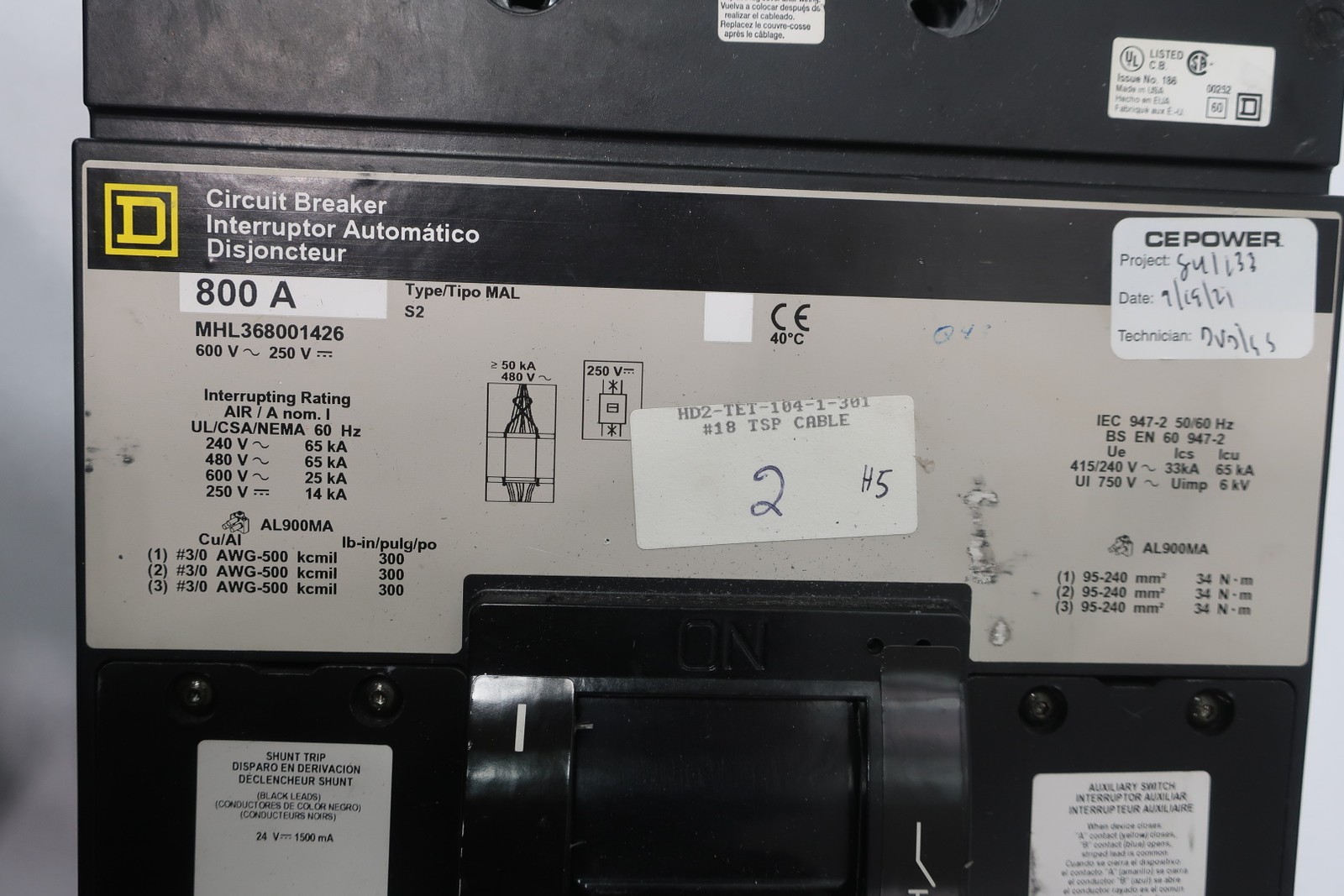 Square D MHL368001426 Molded Case Circuit Breaker 800a Amp 600v-ac 250v-dc 3p