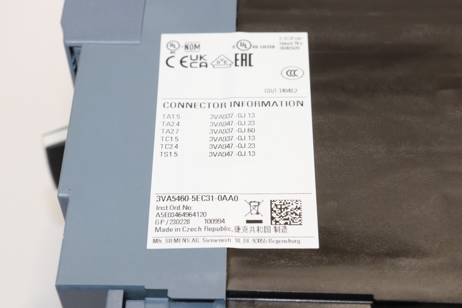SIEMENS 3VA5460-5EC31-0AA0 600A 3-POLE CIRCUIT BREAKER, 600V 35KA@480V