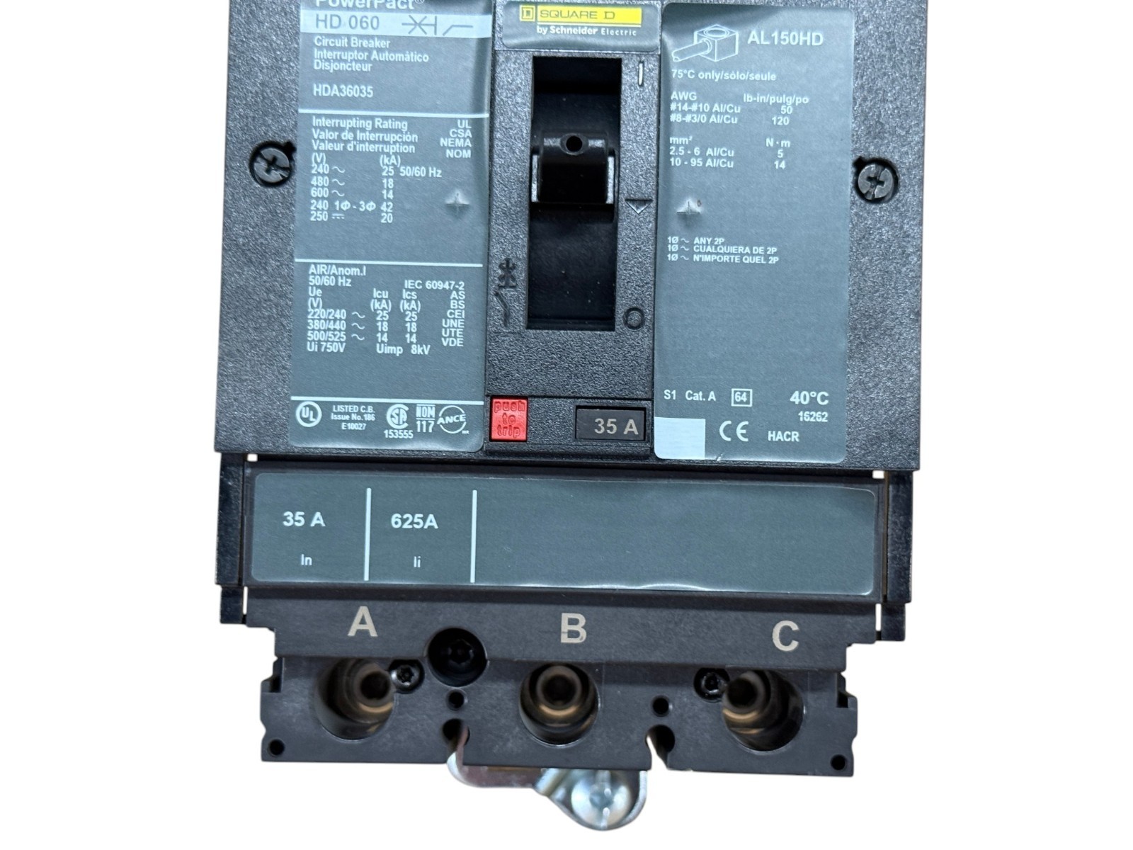 SQUARE D HDA36035 35A 3-POLE 600V POWERPACT H-FRAME I-LINE CIRCUIT BREAKER