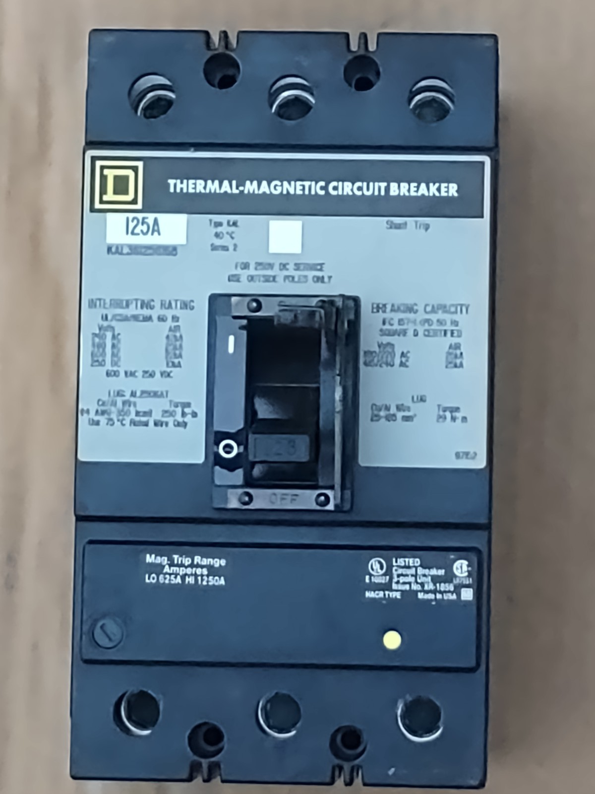 Square D KAL361256168 125A 3P Thermal-Magnetic Circuit Breaker Shunt Trip