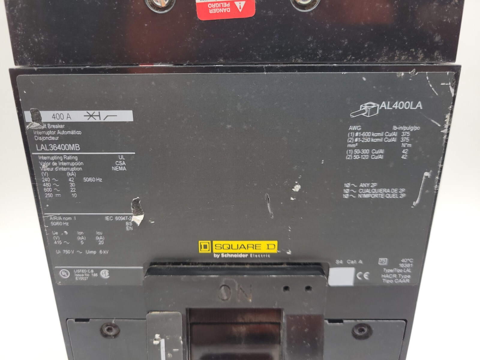 Square D LAL36400MB Feed-Thru Circuit Breaker 400A 600V 3P 3PH Type LAL 400 Amp