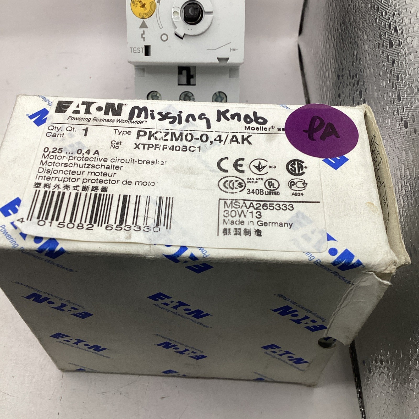 Eaton PKZM0-0,4/AK Motor Protective Circuit Breaker XTPRP40BC1 *missing knob 🟣