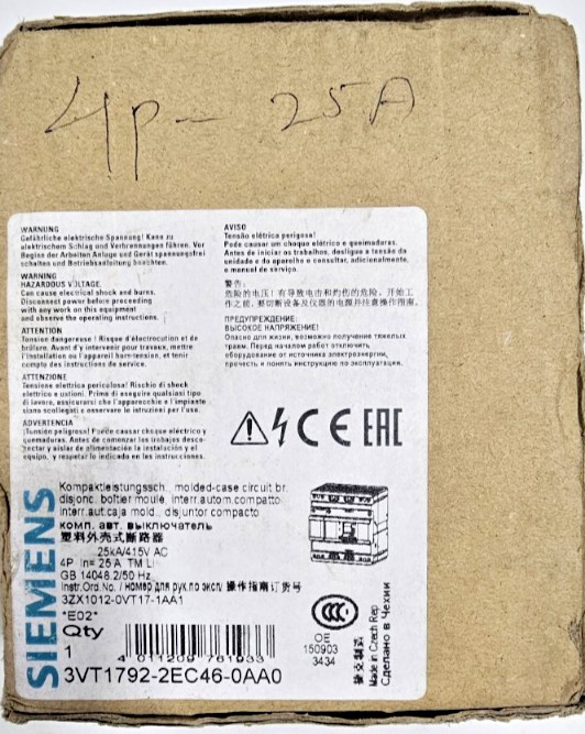 SIEMENS 3VT1 3VT1792-2EC46-0AA0 CIRCUIT BREAKER 25A 4P 20KA 690V NEW-OPEN BOX