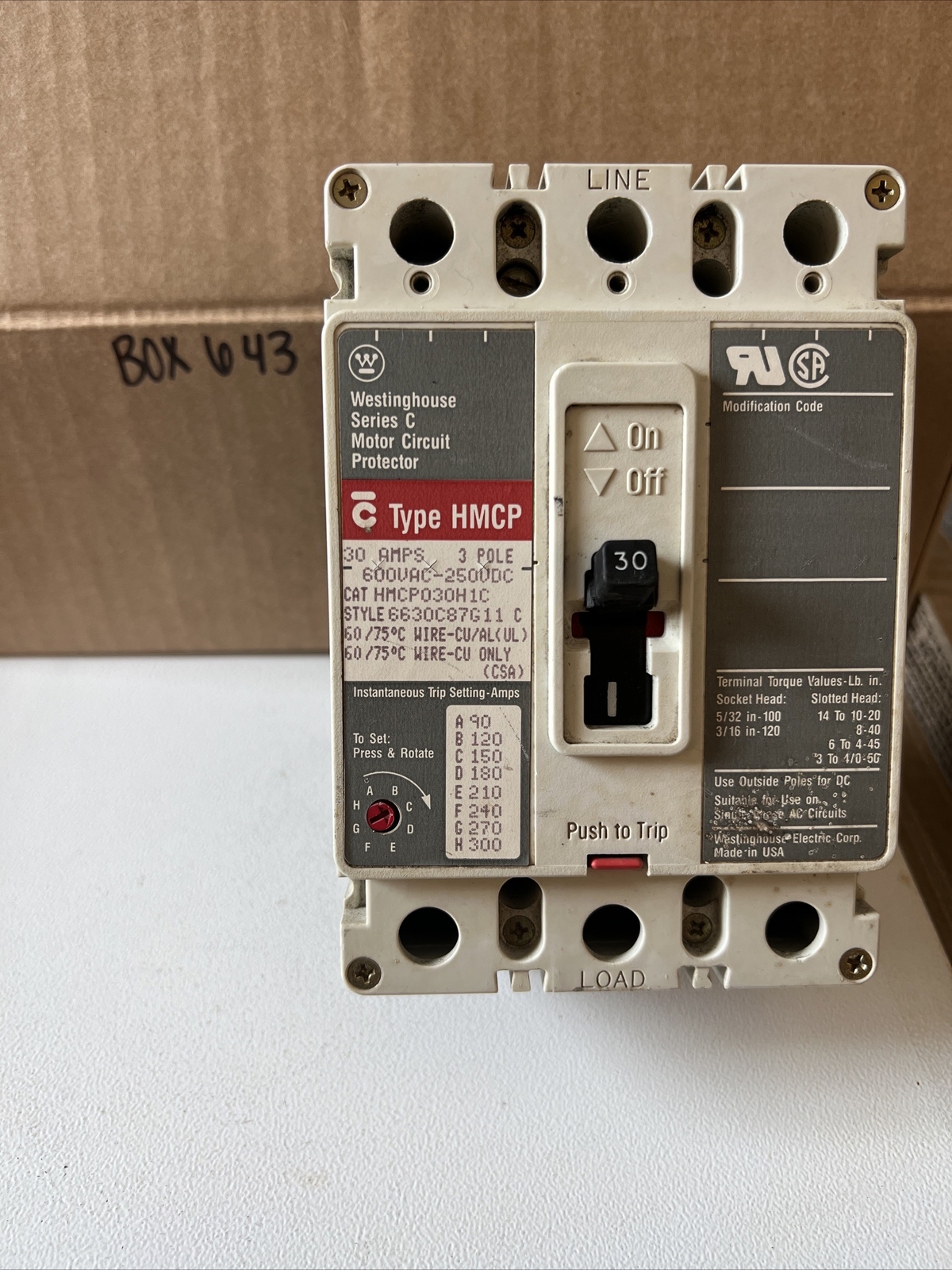 Westinghouse HMCP030H1C 30A 3P 600v Motor Circuit Protector