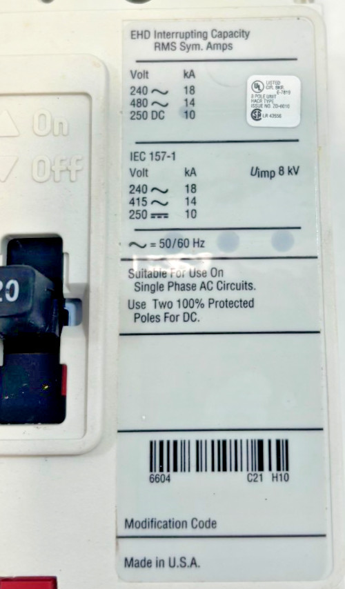 CUTLER HAMMER EHD3020 – 20A, 3P, 480 VOLT INDUSTRIAL CIRCUIT BREAKER, 14K – NEW
