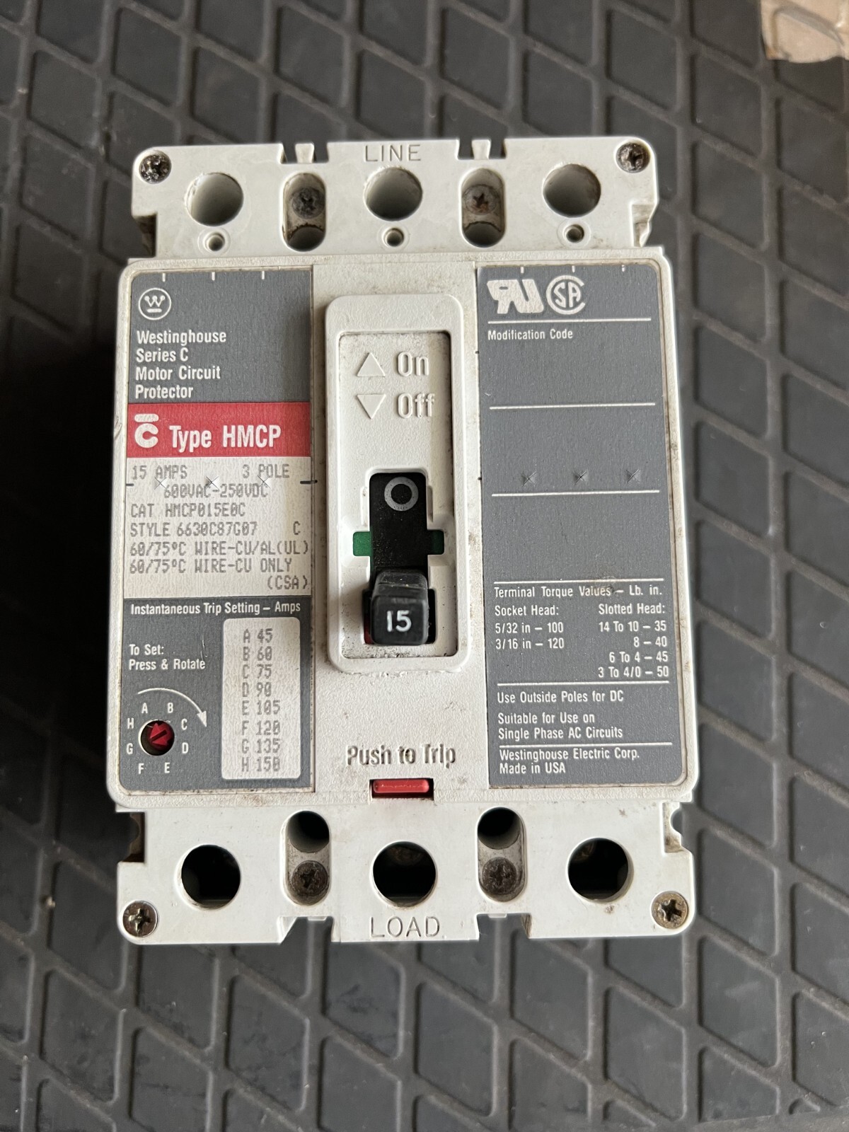 Eaton Cutler-Hammer HMCP015E0C 15 Amp 3-Pole Motor Circuit Protector 600V
