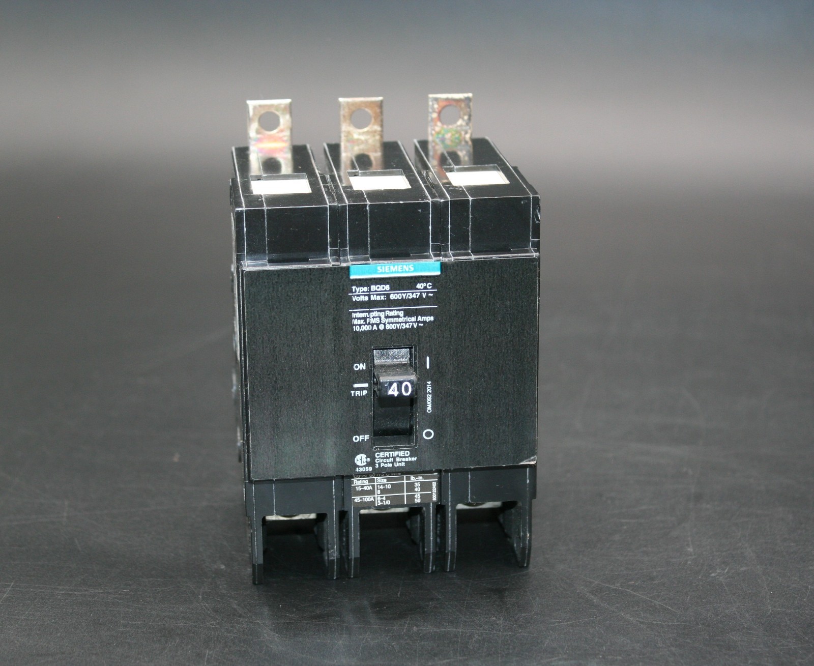 One (1) Siemens BQD6/BQD6340 Circuit Breaker 40 Amp, 3-Pole, 600Y/347 V Mexico