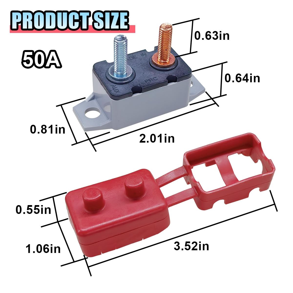 2PCS DC 12V-24V Automatic Reset Circuit Breaker with Cover Stud Bolt, 50A