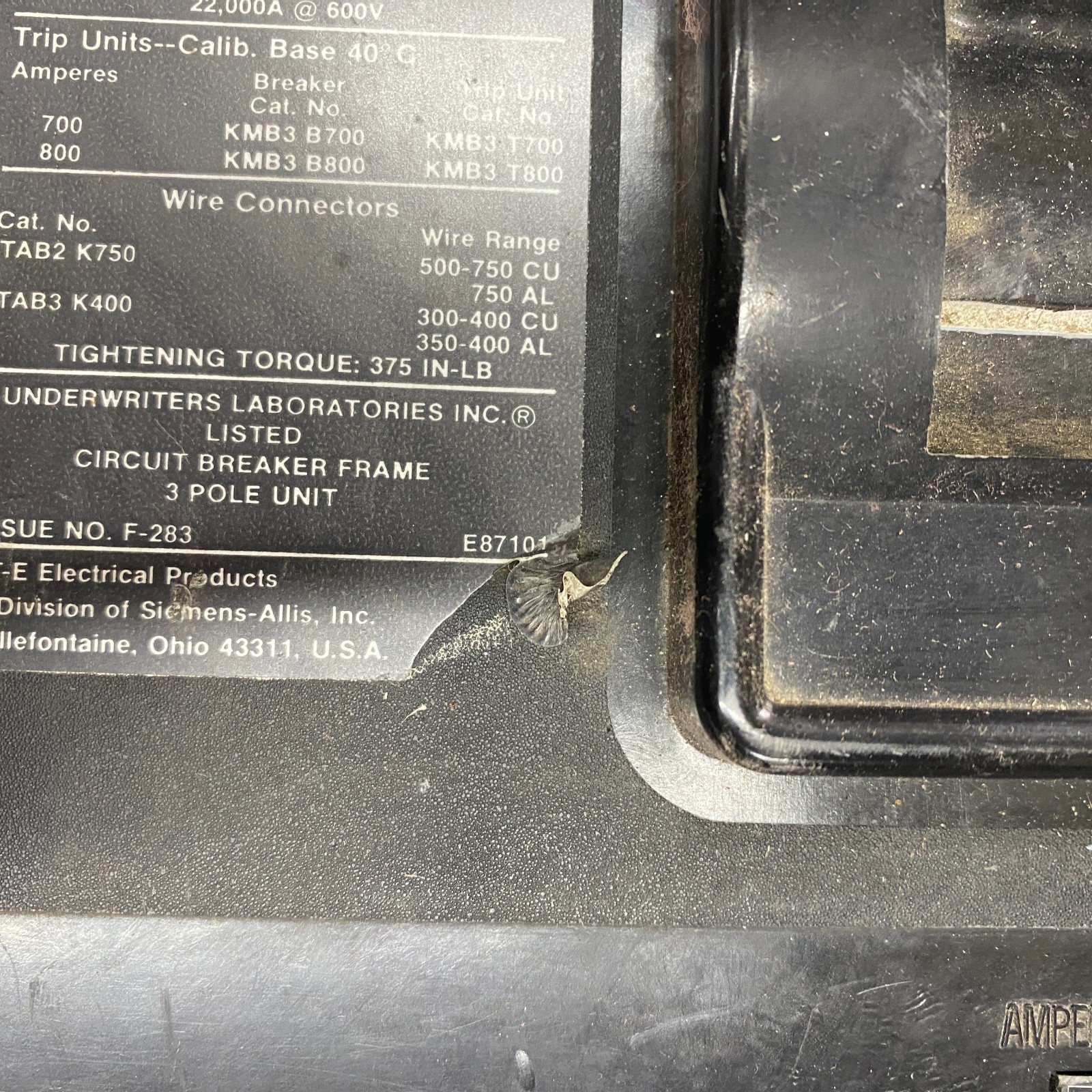 ITE KMB3F800 Circuit Breaker Frame 3 Pole 800 Amp Type KMB 600VAC Siemens ✅