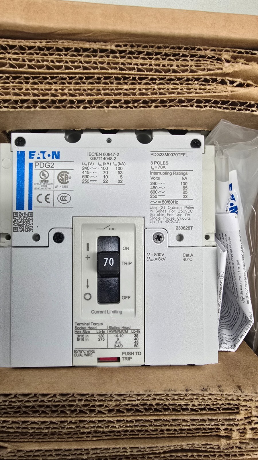 EATON IND CIRCUIT BREAKER, PDG23M0070TFFL, 70 A, 3 P, 480 V, NEW. SEE DETAILS.