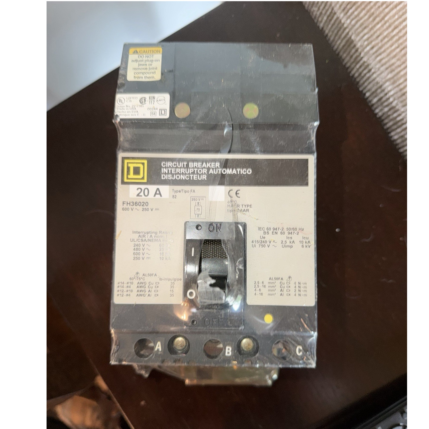 Square D FH36020 Circuit Breaker 20A 3-Pole 551-600V AC/DC Thermal Trip