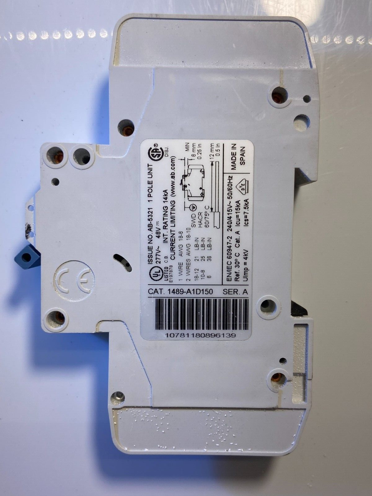 DIN-Rail Circuit Breaker 277VAC/48VDC (15-Amps) 240/415V 1P 14Kaic Allen Bradley