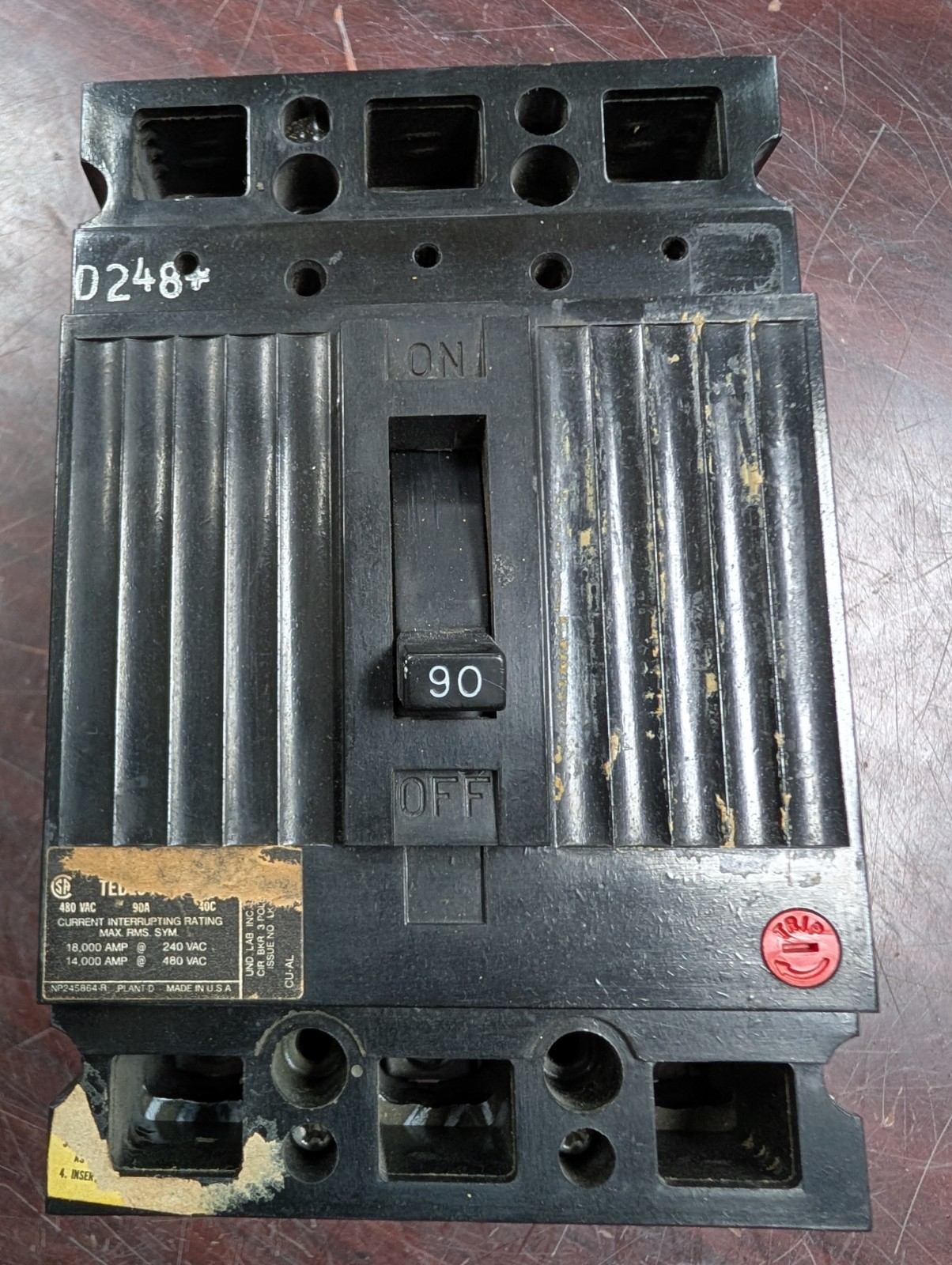 🤪 GE GENERAL ELECTRIC 90 AMP CIRCUIT BREAKER 480 VAC 3 POLE TED13490