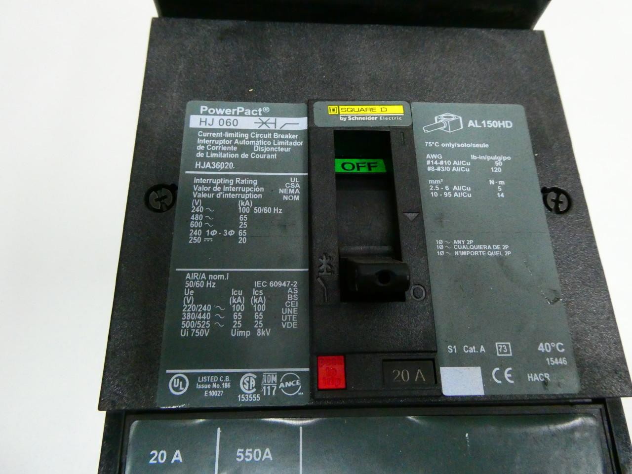 Square D HJA36020 Molded Case Circuit Breaker 3p 20a Amp 240/480/600v-ac