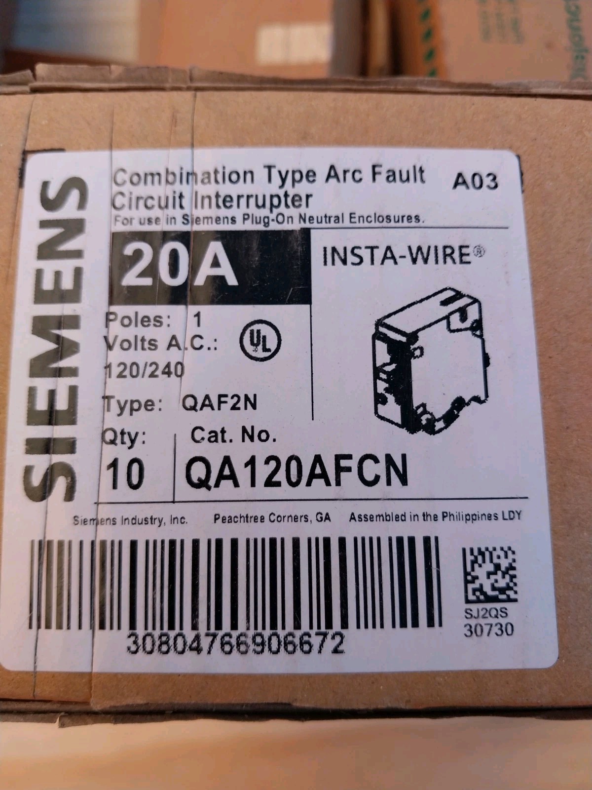 Siemens QA120AFCN QA120AFCN 20A 1-Pole AFCI Circuit Breaker 120