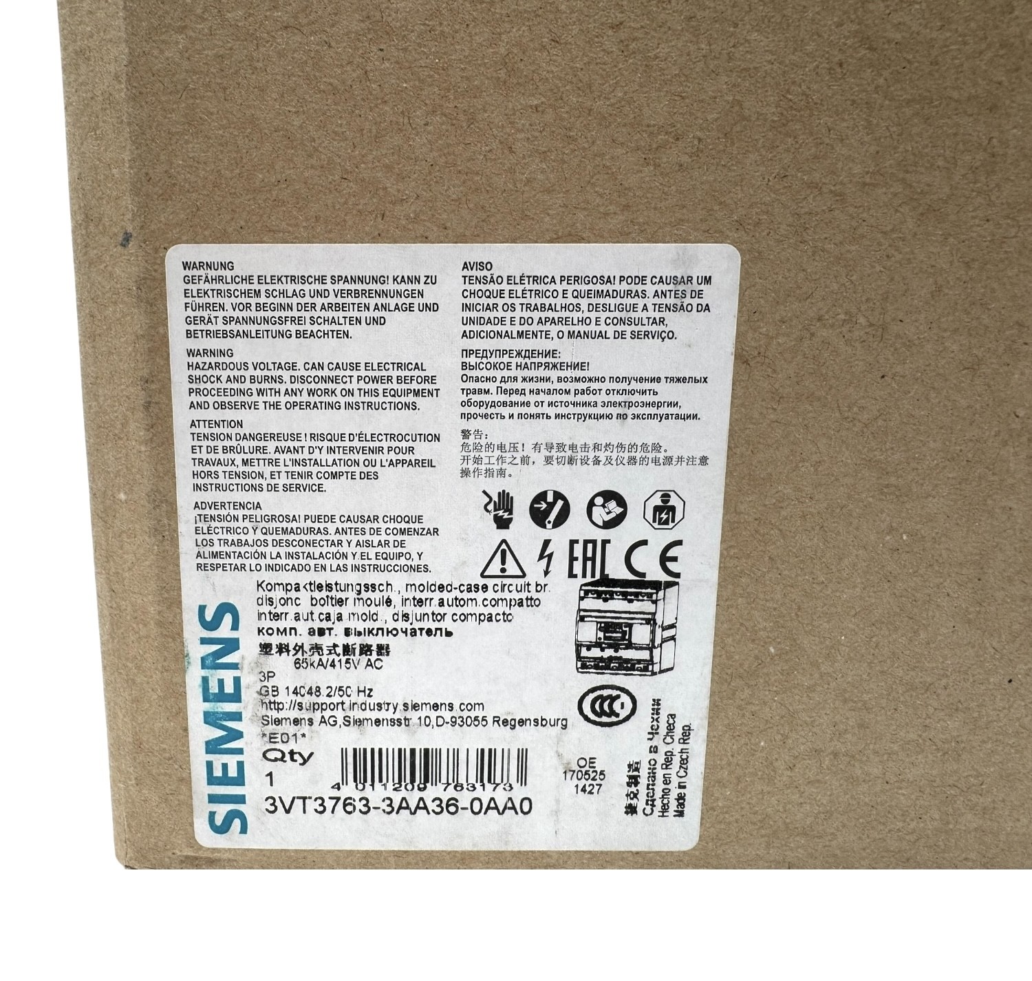 Siemens 3VT3763-3AA36-0AA0 E:01 compact circuit breaker -unused/original packaging-