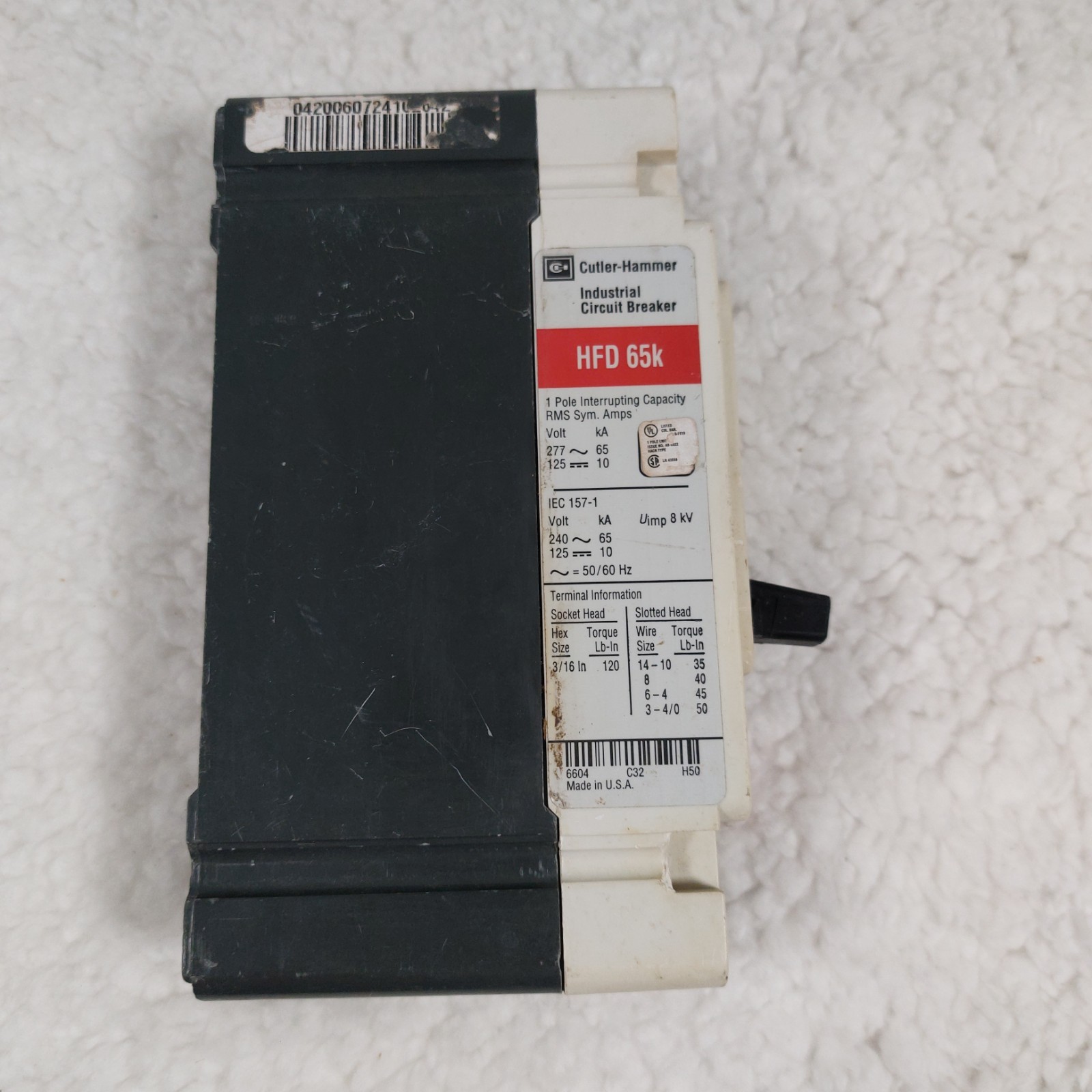 HFD1020 20 Amp 1 Pole Circuit Breaker 277V Type HFD 65K Cutler Hammer – Working