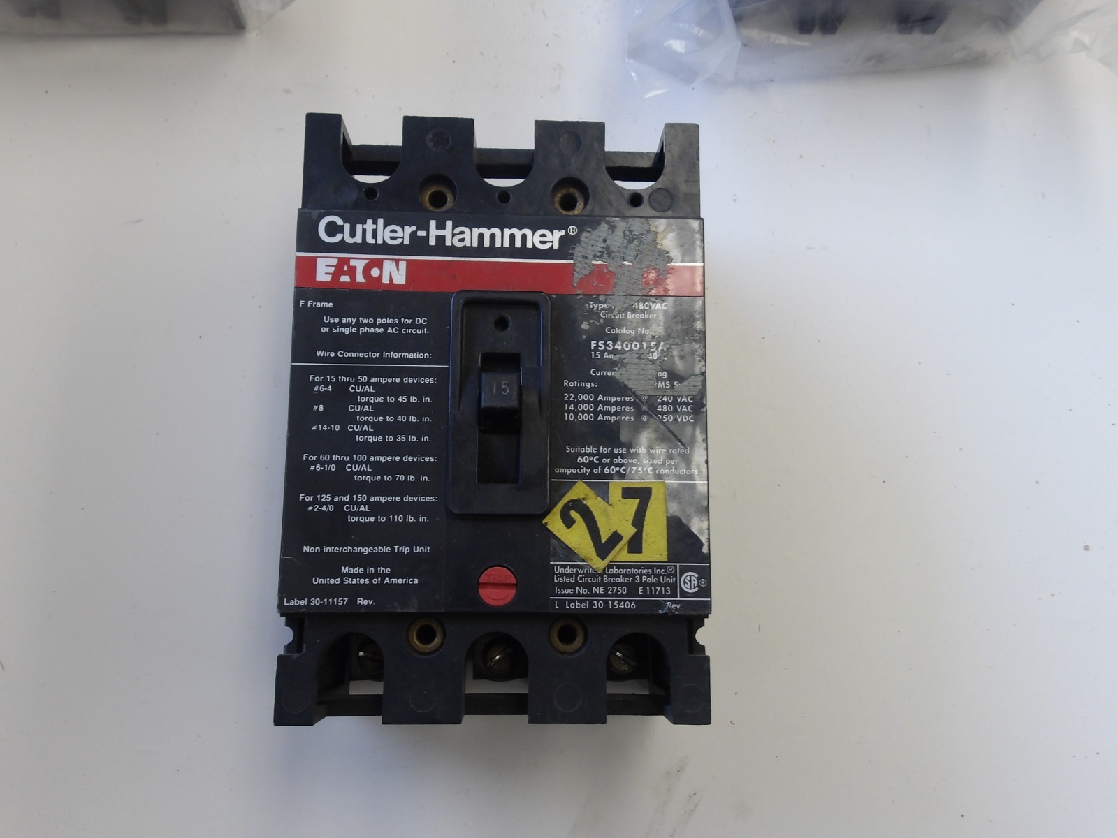 CUTLER HAMMER P/N:CHFS340015A 3POLE 15AMP 480VAC (LOT OF 3)