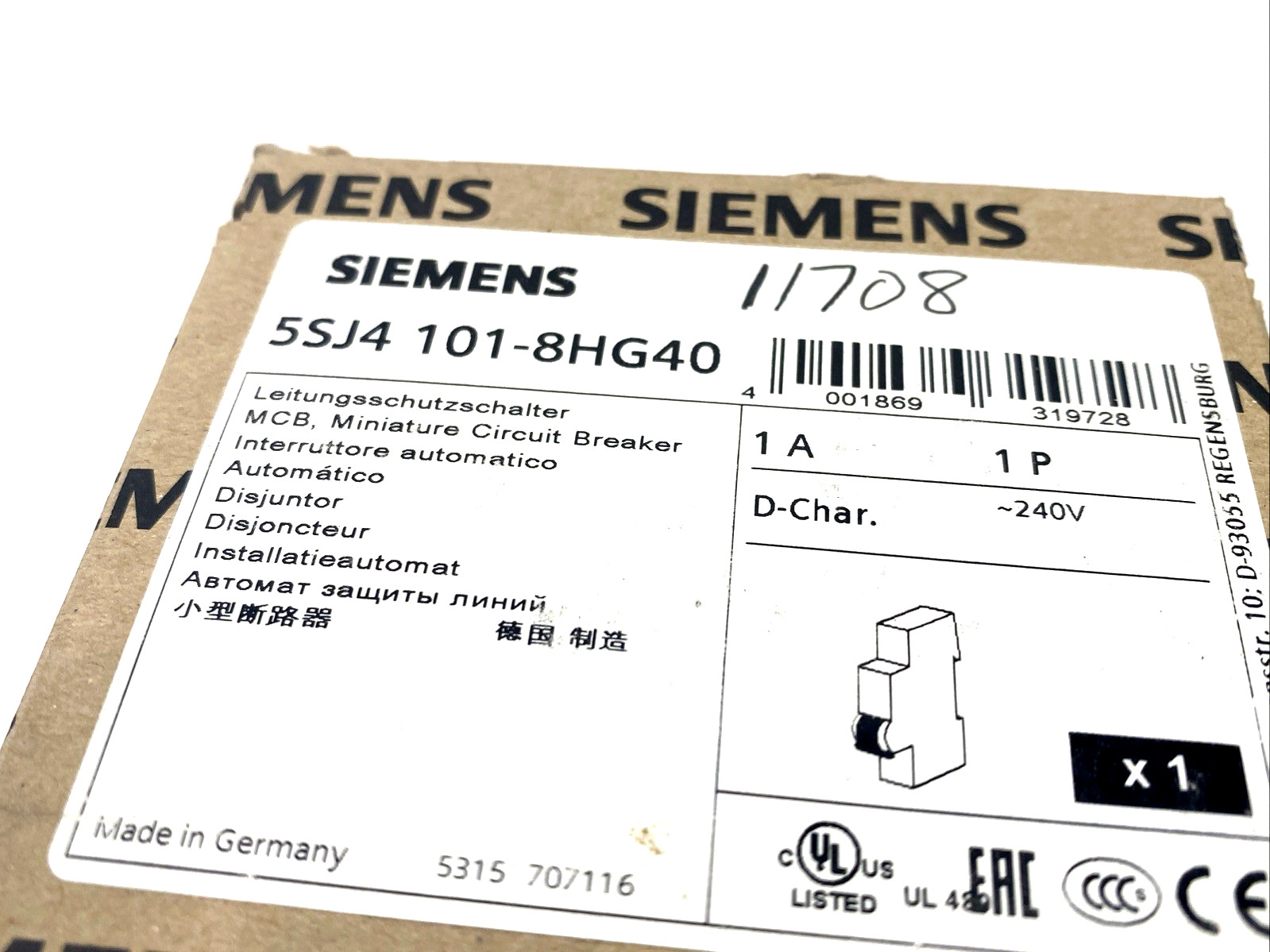 Siemens 5SJ4101-8HG40 Miniature Circuit Breaker 240V 14kA 1P 1A