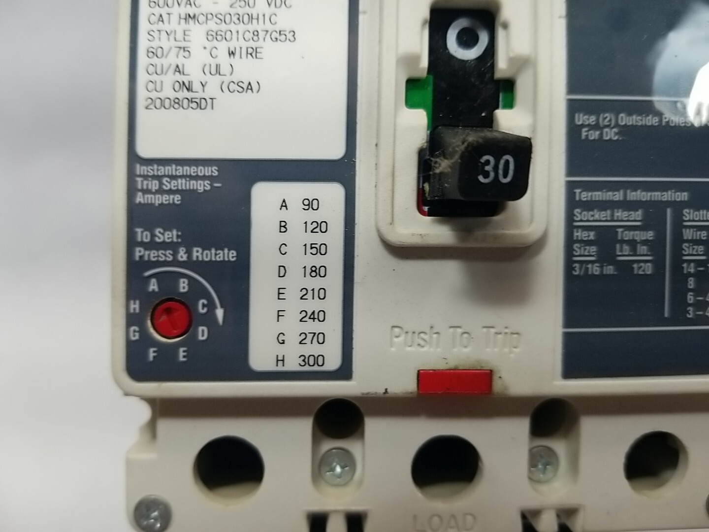 USED EATON HMCPS030H1C 30 AMP CIRCUIT BREAKER 3 POLE 600 VAC 250 VDC