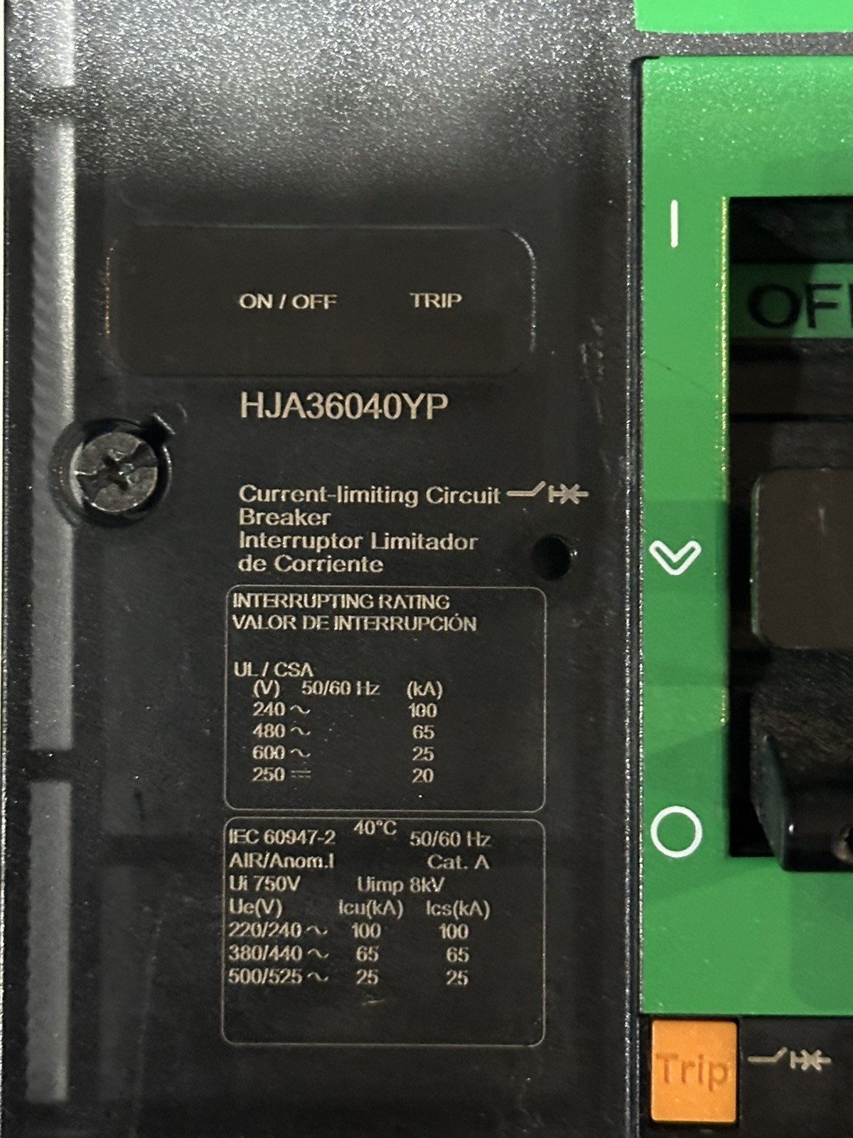 HJA36040 Square D PowerPact Circuit Breaker 40A 600V 3-Pole I-Line- New Take Out