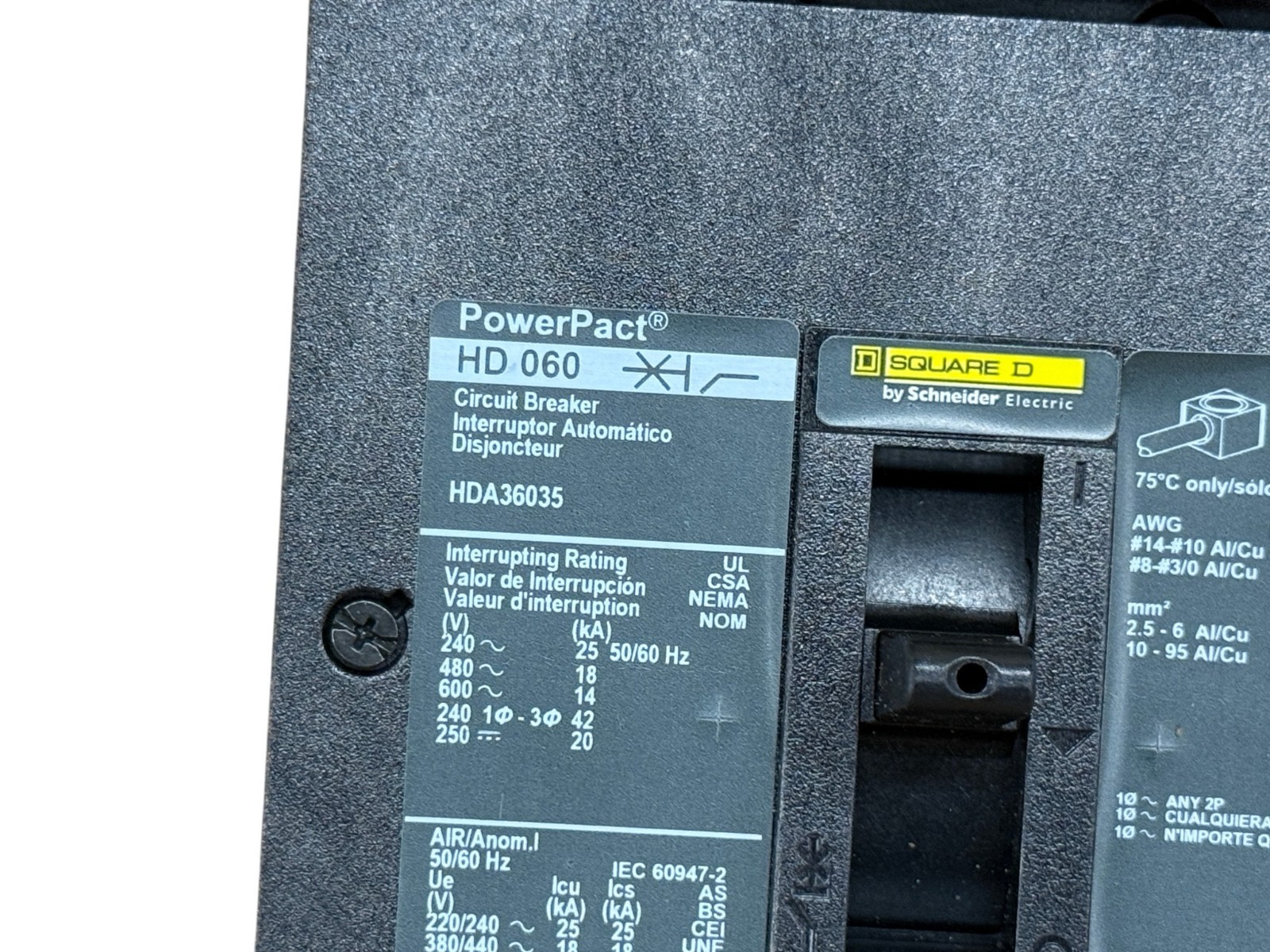 SQUARE D HDA36035 35A 3-POLE 600V POWERPACT H-FRAME I-LINE CIRCUIT BREAKER