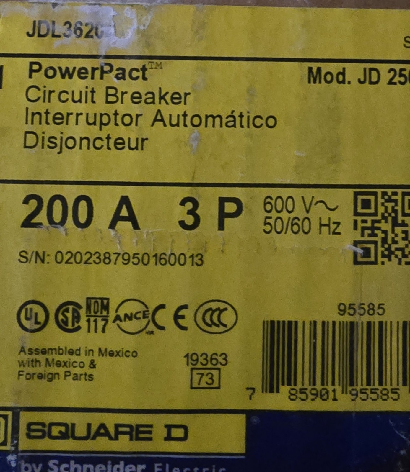 JDL36200 PowerPact J Thermal Magnetic 3P Molded Case Circuit Breaker 200A Square